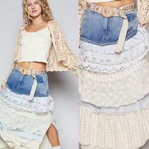 POL Clothing Floral Patchwork Eyelet Ruffle Denim Maxi Skirt NEW!
